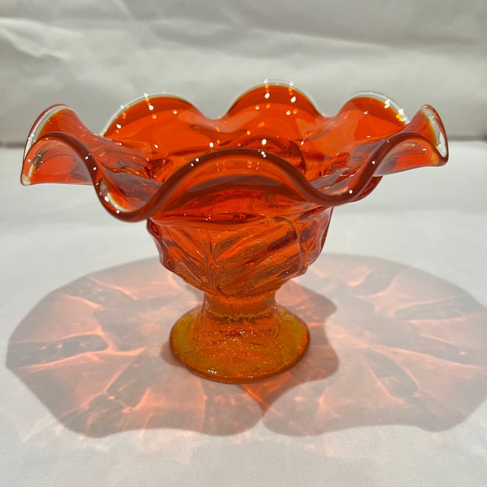 Viking Glass Persimmon‎ Amberina Cabbage Leaf Pedestal Compote UV Glow Base